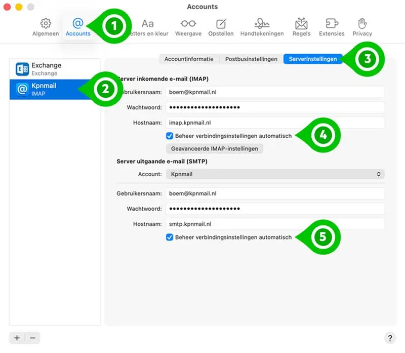 Serverinstellingen Apple Mail