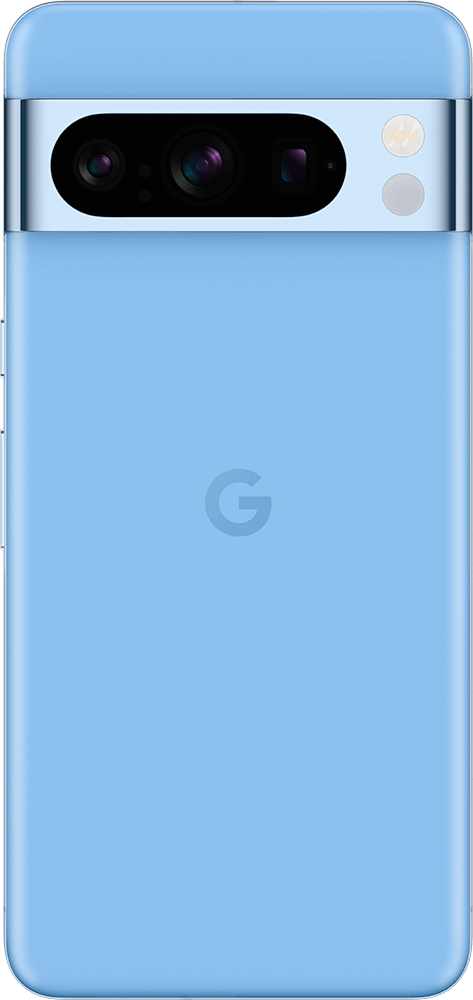 Achterkant van de lichtblauwe Google Pixel 8 Pro