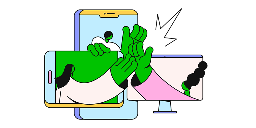 Illustratie van een mobiele telefoon, computerscherm en tablet met elk een figuur op het scherm; de drie figuren steken hun handen uit de schermen en geven elkaar buiten de apparaten een high-five.