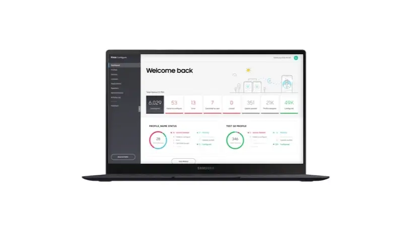 Illustratie van laptop waarop dashboard van Knox Configure te zien is 