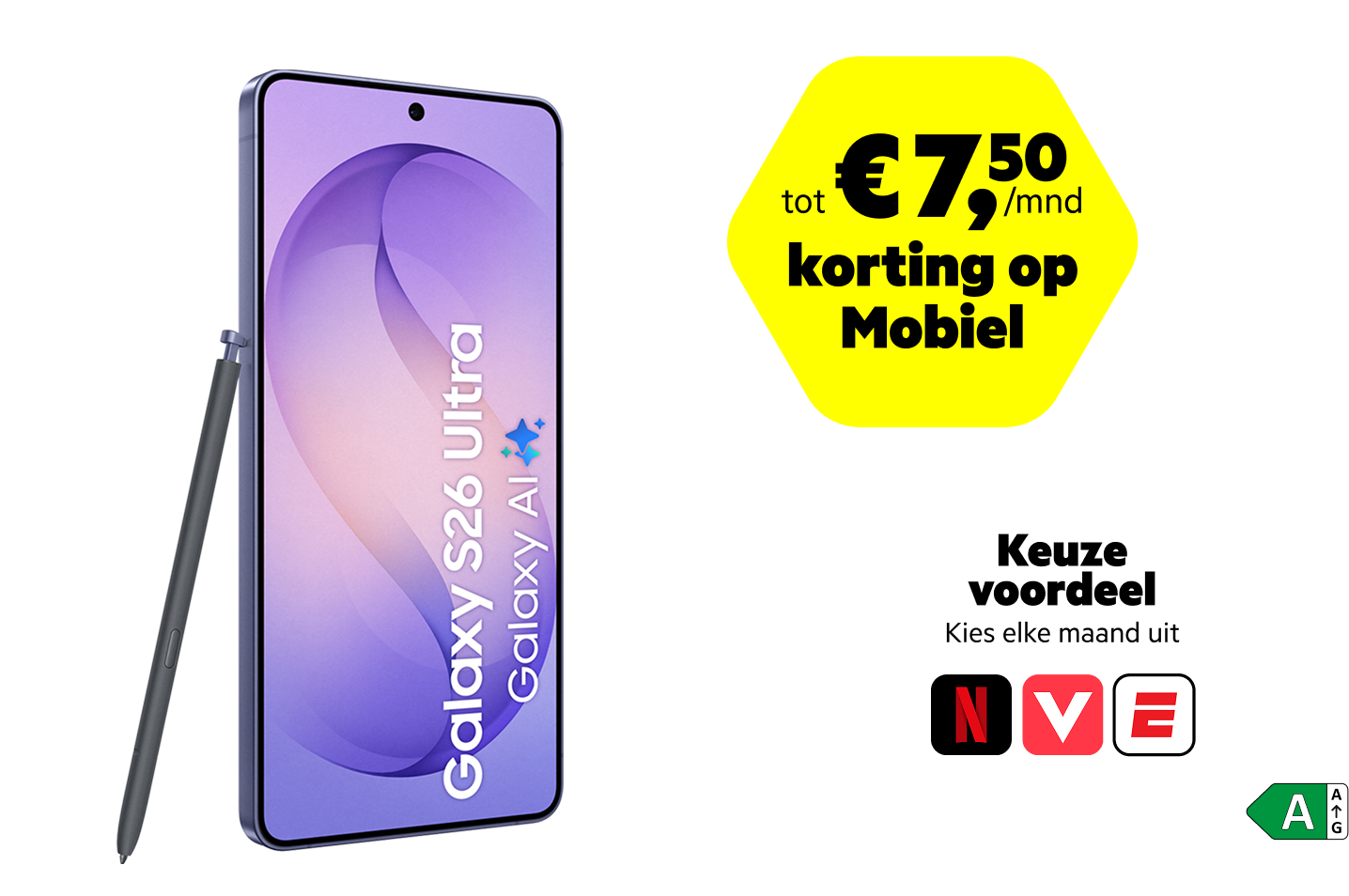 De voorkant van de paarse Galaxy S26 Ultra met groen energielabel A.