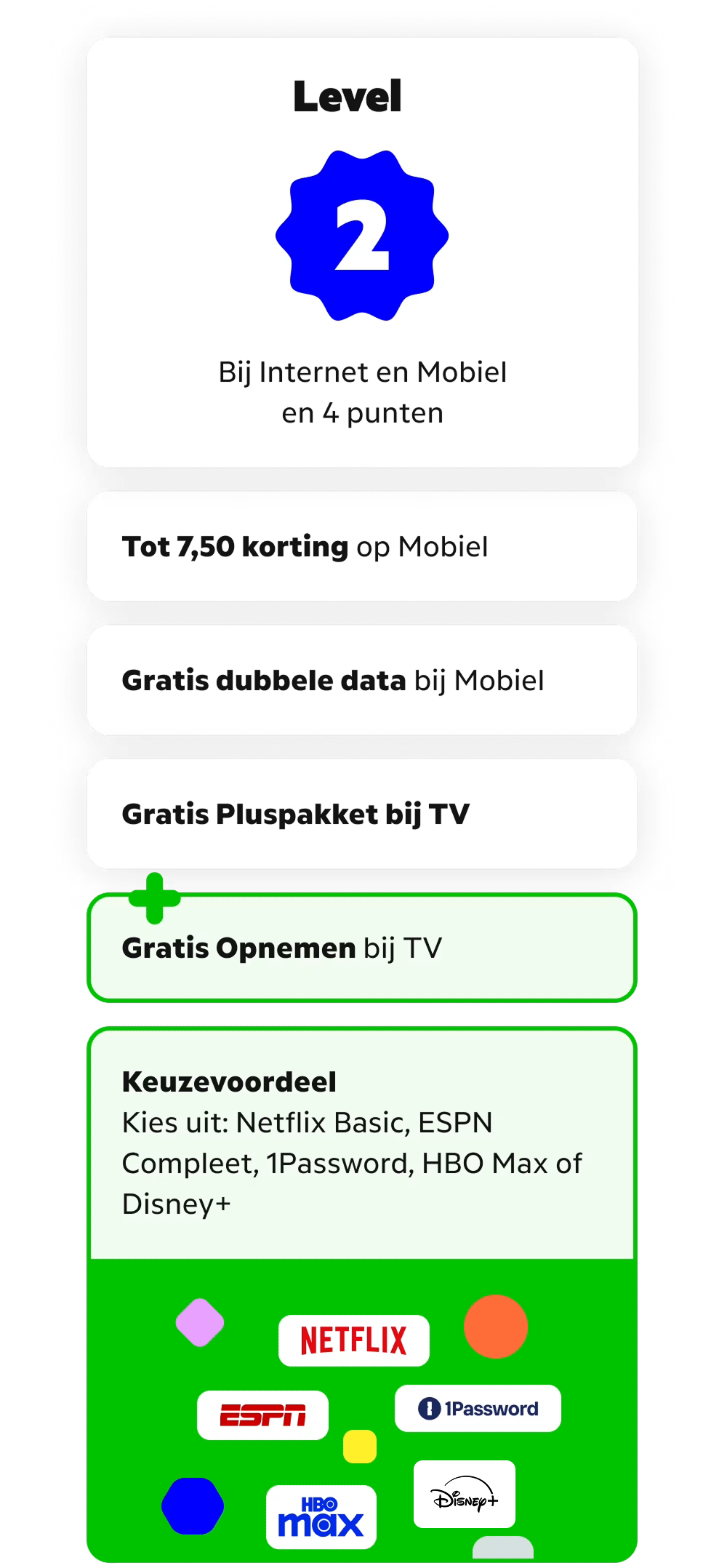 Level 2: zelfde als level 1 plus gratis opnemen bij TV en ook keuze voor HBO max of Disney+