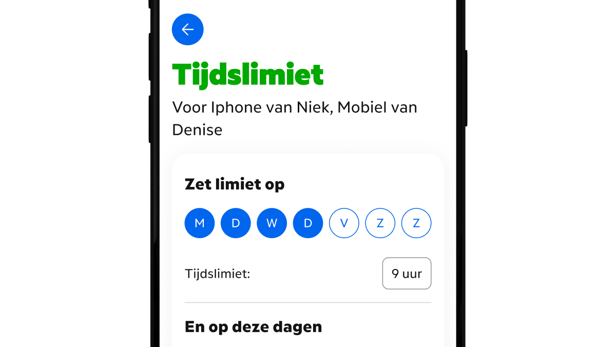 MijnKPN app met de pagina waar je je dagelijkse limiet kan instellen. Stel hier per dag in hoeveel tijd de geselecteerde apparaten toegang tot het internet mogen hebben.