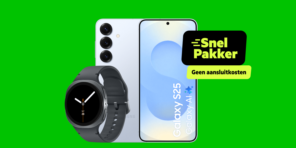  Samsung Galaxy S25 en de Galaxy Watch8 met snelpakker label en geen aansluitkosten