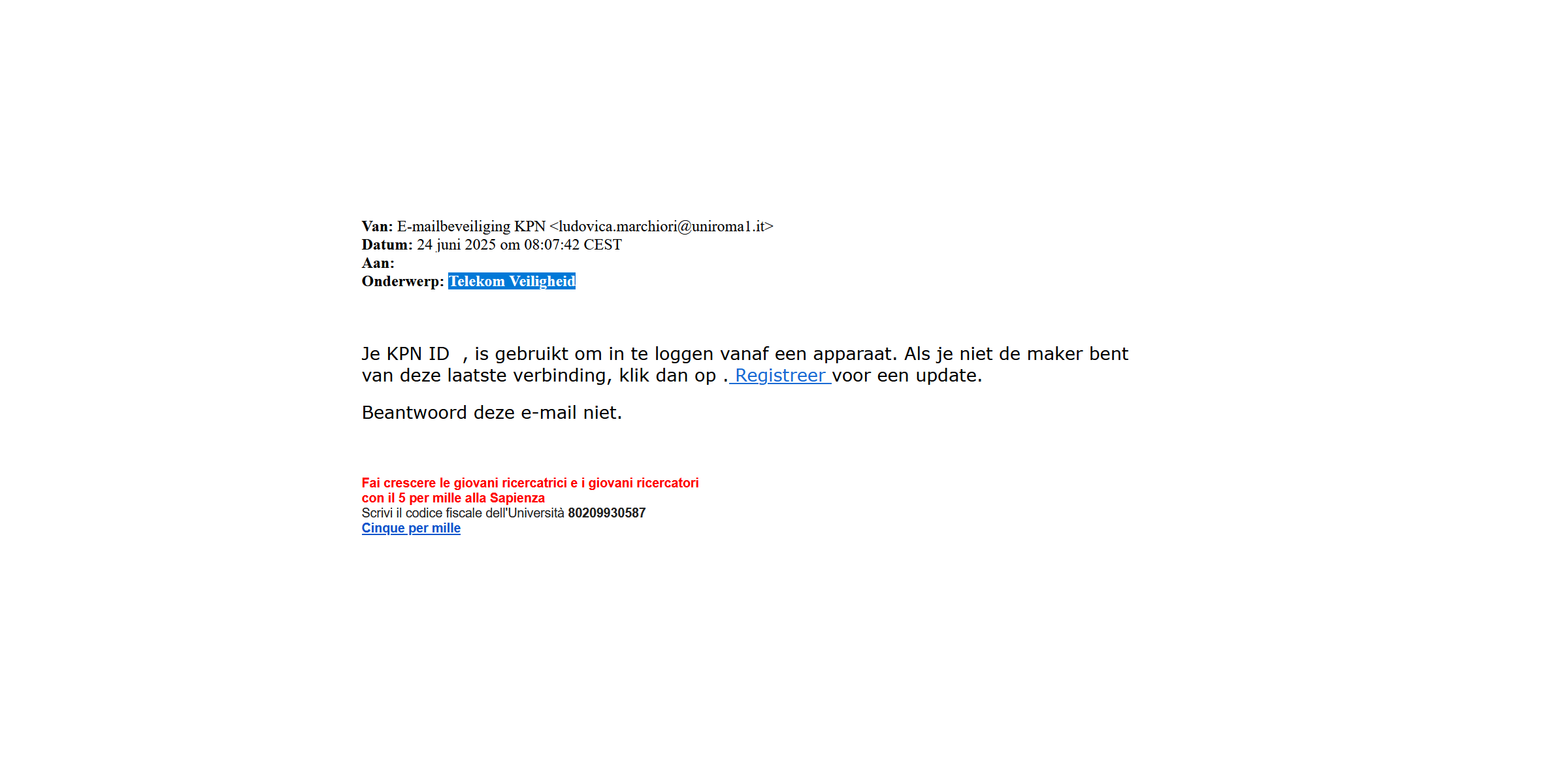 Afbeelding van phishing mail met onderwerp Telekom Veiligheid