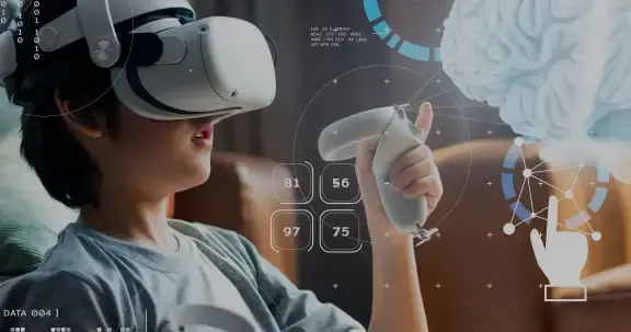 Jongen in stoel met VR bril op en joystick in de hand