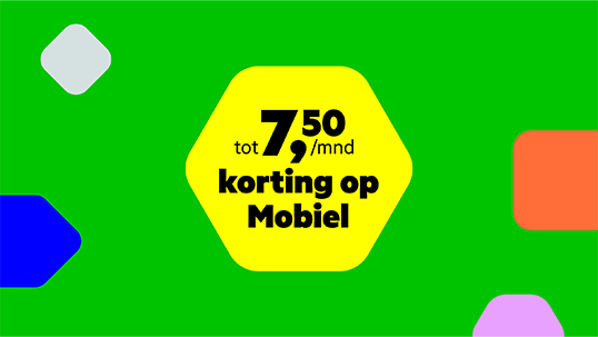 Tot €7,50 korting op Mobiel in tekst afgebeeld in een gele bubbel op een groene achtergrond