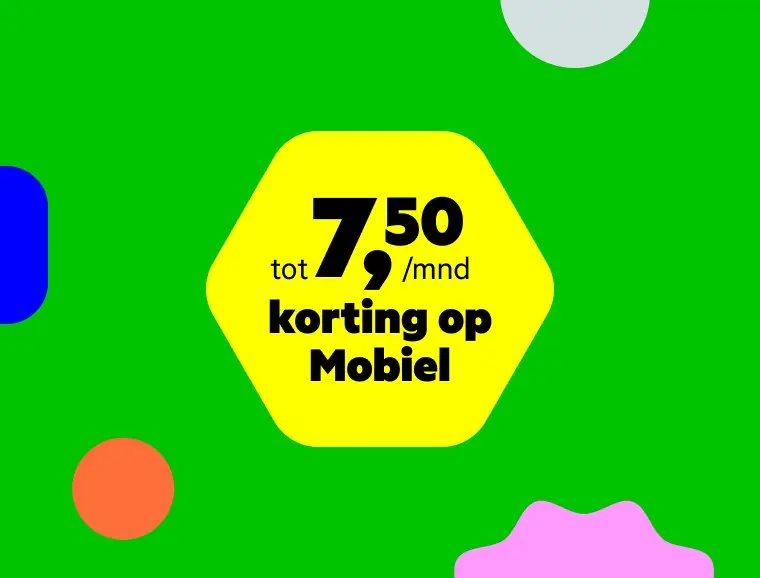 De tekst 'Tot €7,50 korting op Mobiel' afgebeeld in een gele bubbel op een groene achtergrond met anders gekleurde vormen