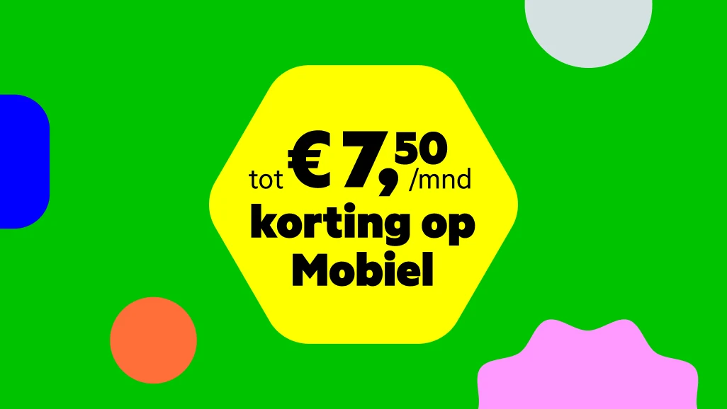 De tekst 'Tot €7,50 korting op Mobiel' afgebeeld in een gele bubbel op een groene achtergrond met anders gekleurde vormen