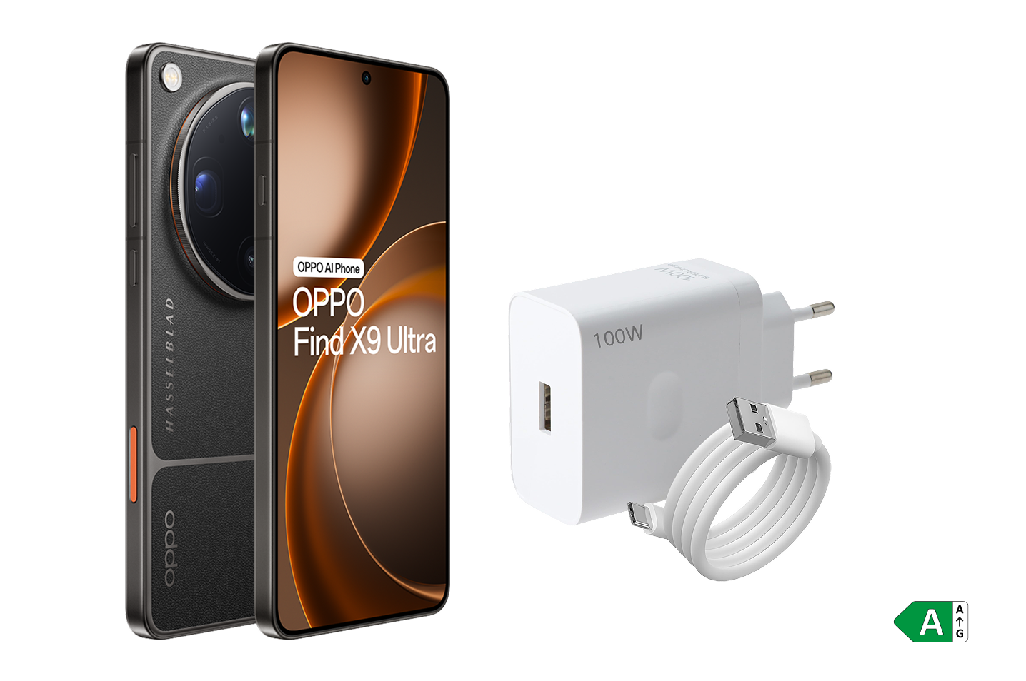 De OPPO Find X9 Ultra met een 100 W SuperVOOC adapter en energielabel a