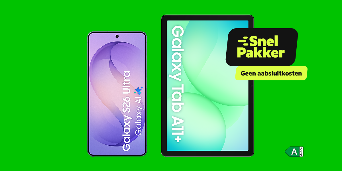 De Samsung Galaxy S26 Ultra met de Galaxy Tab A11+ en een Snelpakker label op een groene achtergrond
