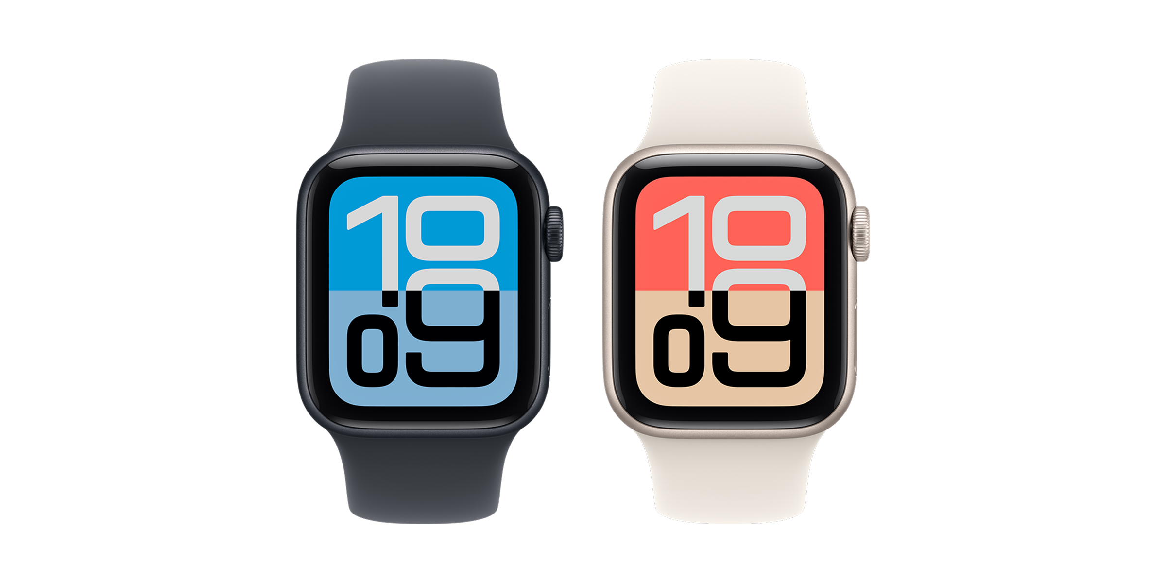 De voorkant van de Apple Watch SE 3 met zwart bandje en daarnaast lichtroze bandje
