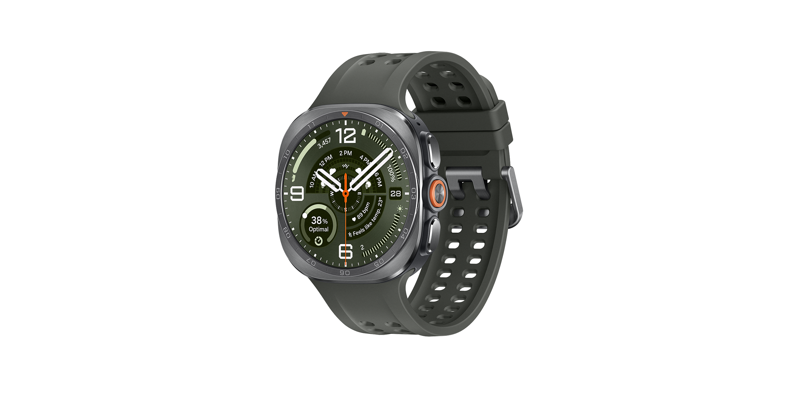 De zilveren Samsung Galaxy Watch Ultra2 met donkergroen bandje
