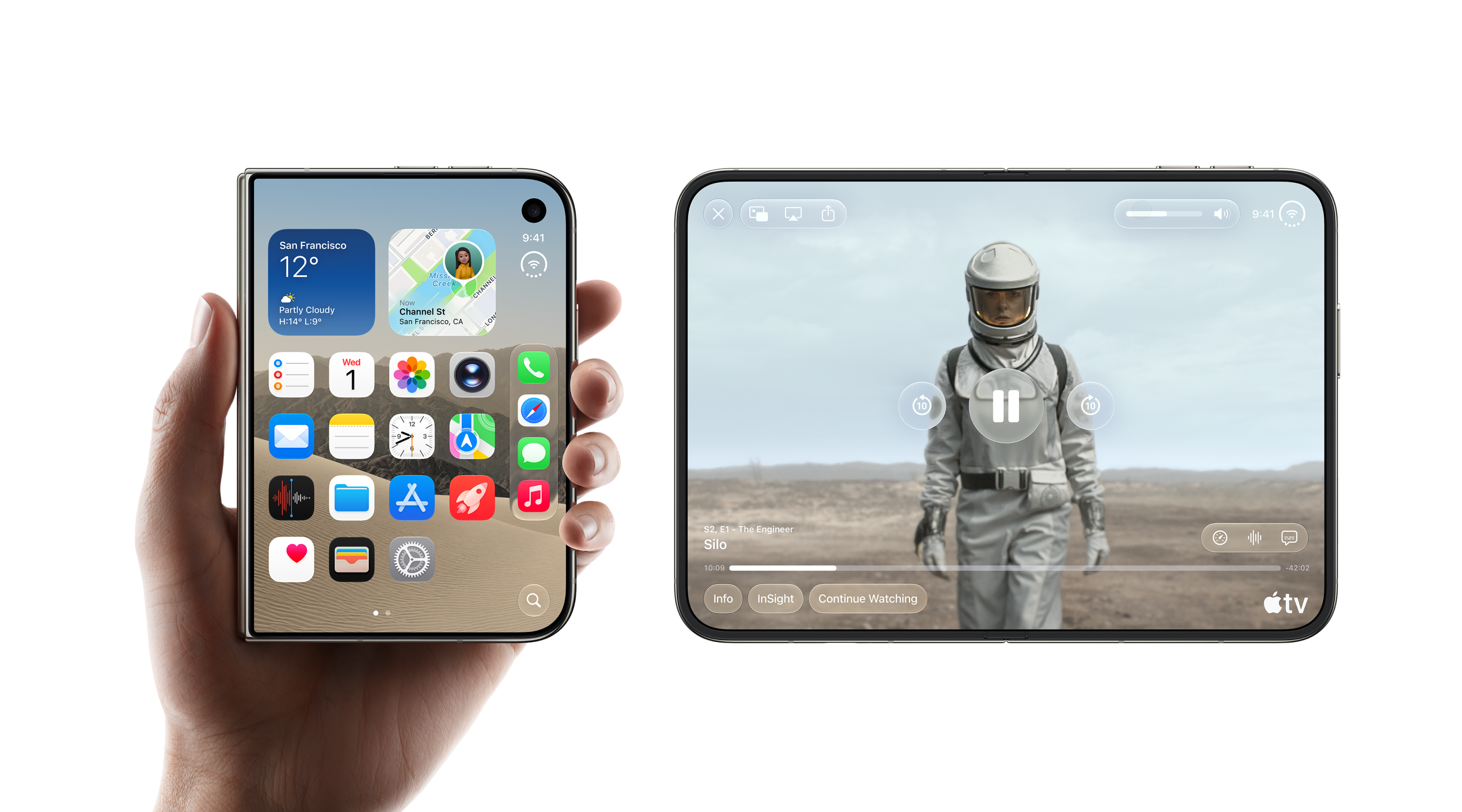 iPhone Duo in handen aan de linkerkant en rechts de opengeklapte iPhone Duo