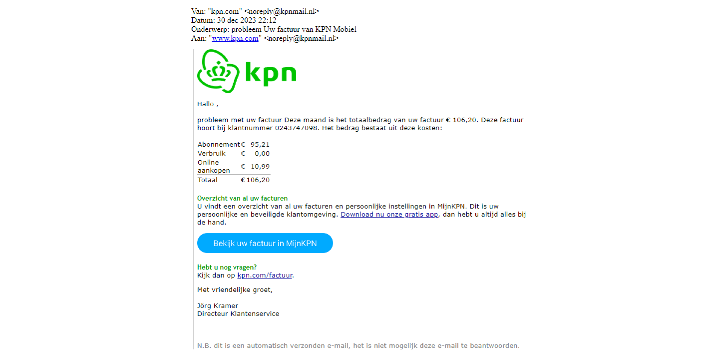 Voorbeeld van een phishing e-mail met het onderwerp: probleem Uw factuur van KPN Mobiel