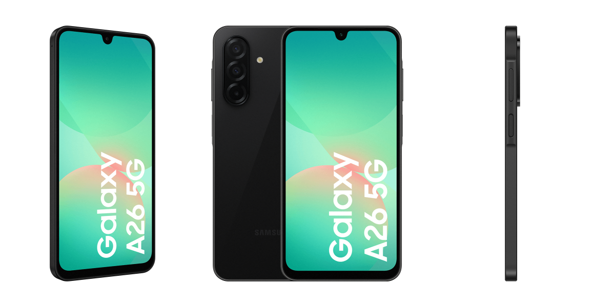 De voorkant, voor- en achterkant en zijkant van de Galaxy A26