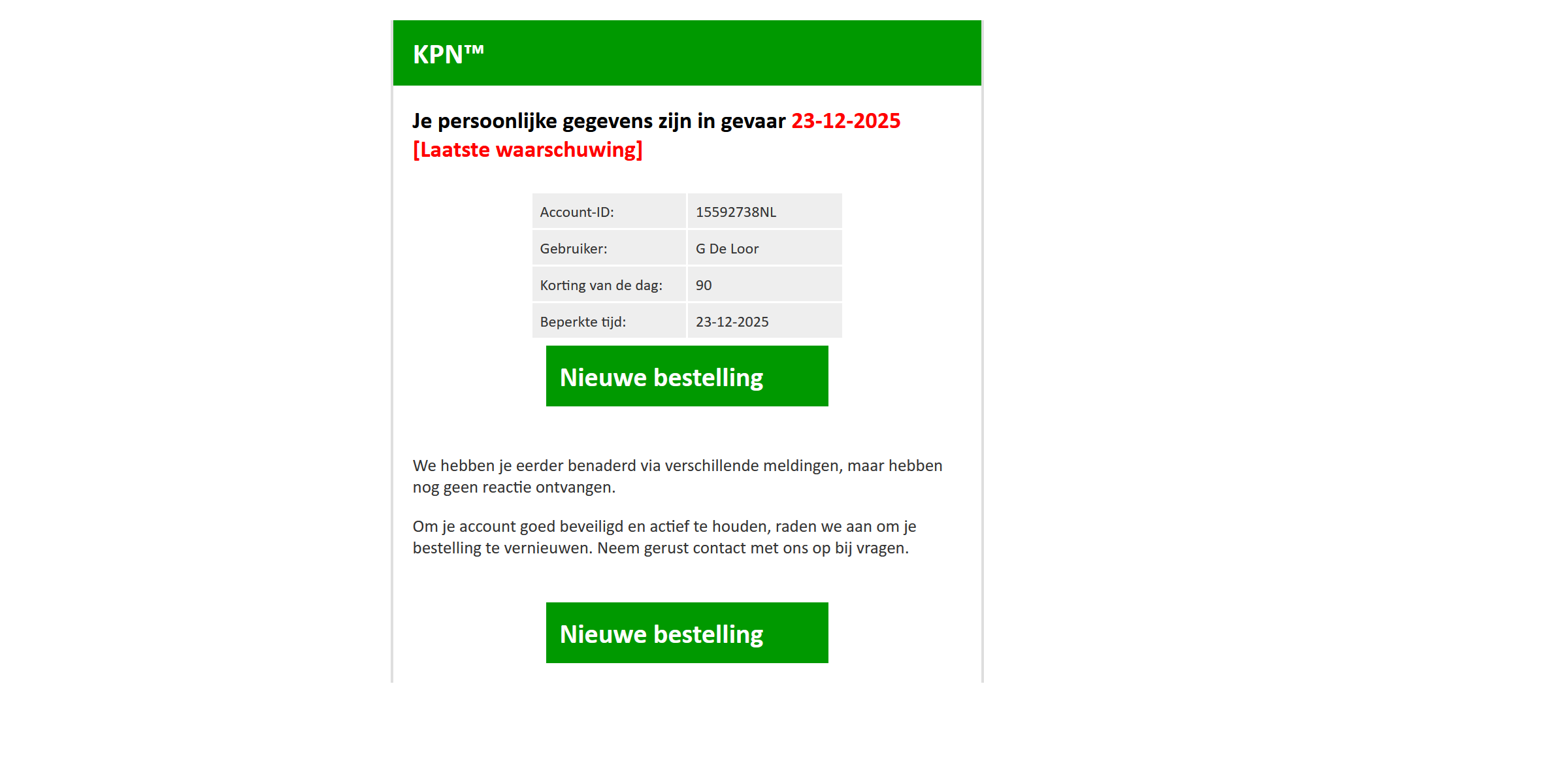 Afbeelding van Phishing mail met onderwerp: Laatste waarschuwing: Uw abonnement wordt gesloten op 23-12-2025