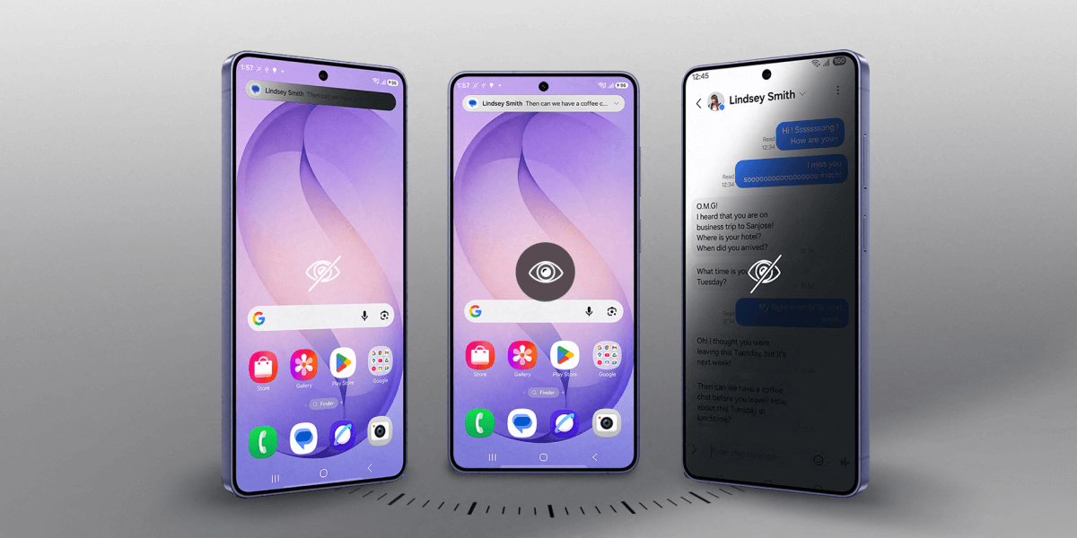 Links de Galaxy S26 Ultra waar Privacy Display uit staat en in het midden wordt Privacy Display aangezet. En rechts een voorbeeld van het scherm waarbij de functie aanstaat