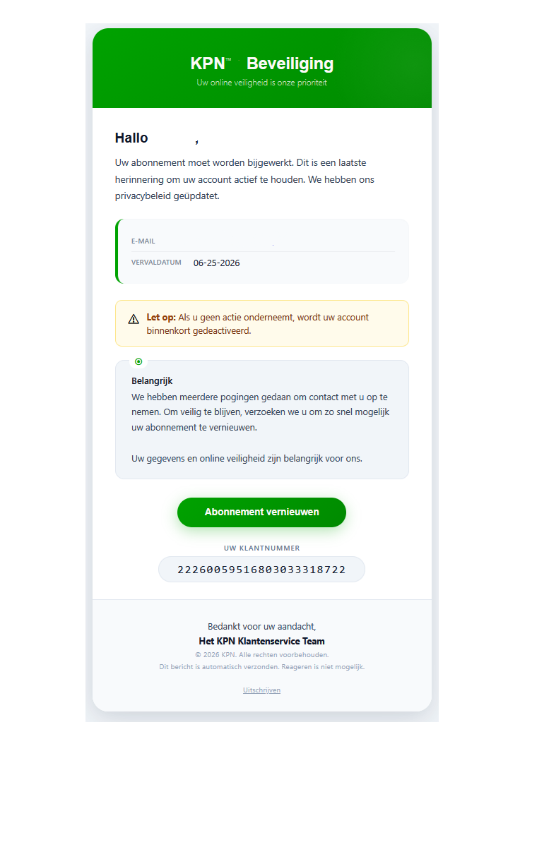 Afbeelding van phishing mail met onderwerp: "Je account is vandaag verwijderd."
