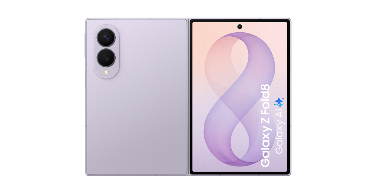 De voor en achterkant van de paarse Samsung Galaxy Z Fold8