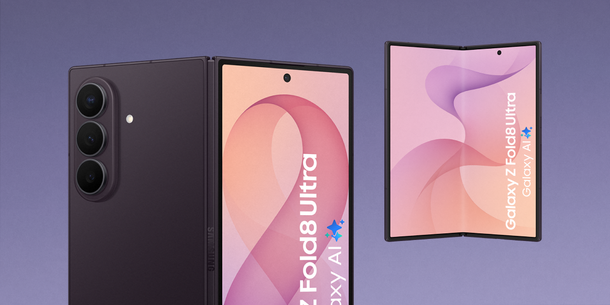 De achterkant en voorkant van de opengevouwen paarse Samsung Galaxy Fold8 Ultra