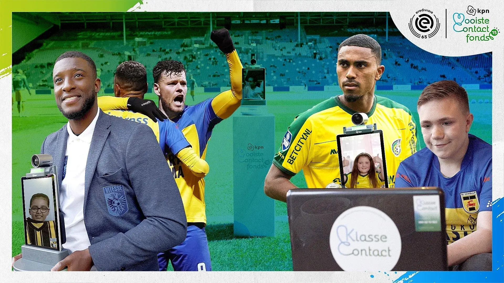 Compilatie beeld van voetballers met een KPN Klasgenoot apparaat waarmee ze rondleiding geven in stadion