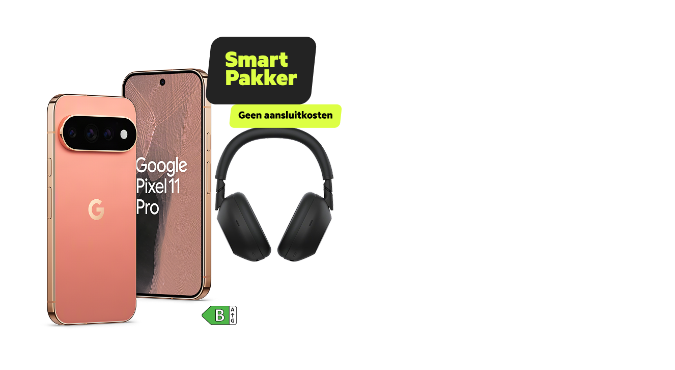 De roze Google Pixel 11 Pro naast de zwarte Sony koptelefoon