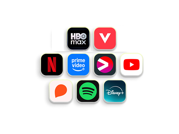 Logo's van verschillende streamingdiensten en apps in KPN TV+: HBO Max, Videoland, Netflix, Prime Video, Viaplay, Youtube, Storytel, Spotify en Disney+