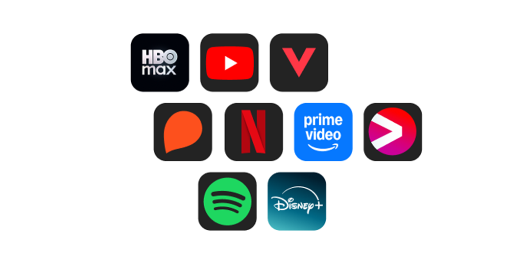 Logo's van verschillende streamingdiensten en apps in KPN TV+: HBO Max, Videoland, Netflix, Prime Video, Viaplay, Youtube, Storytel, Spotify en Disney+