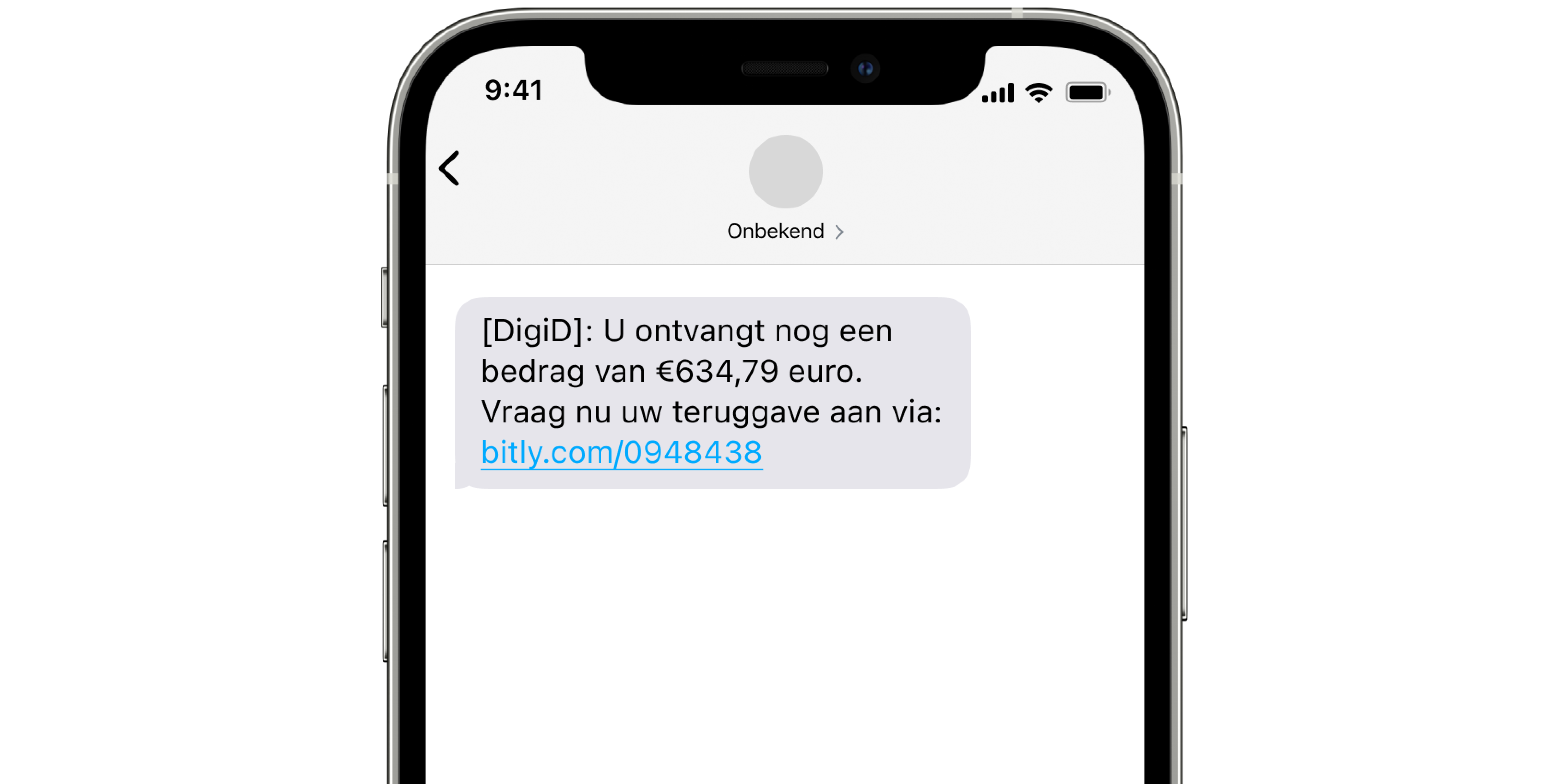 Sms beginnend met '[DigiD]: U ontvangt nog een bedrag van €634,79 euro,' met een bitly.com-link