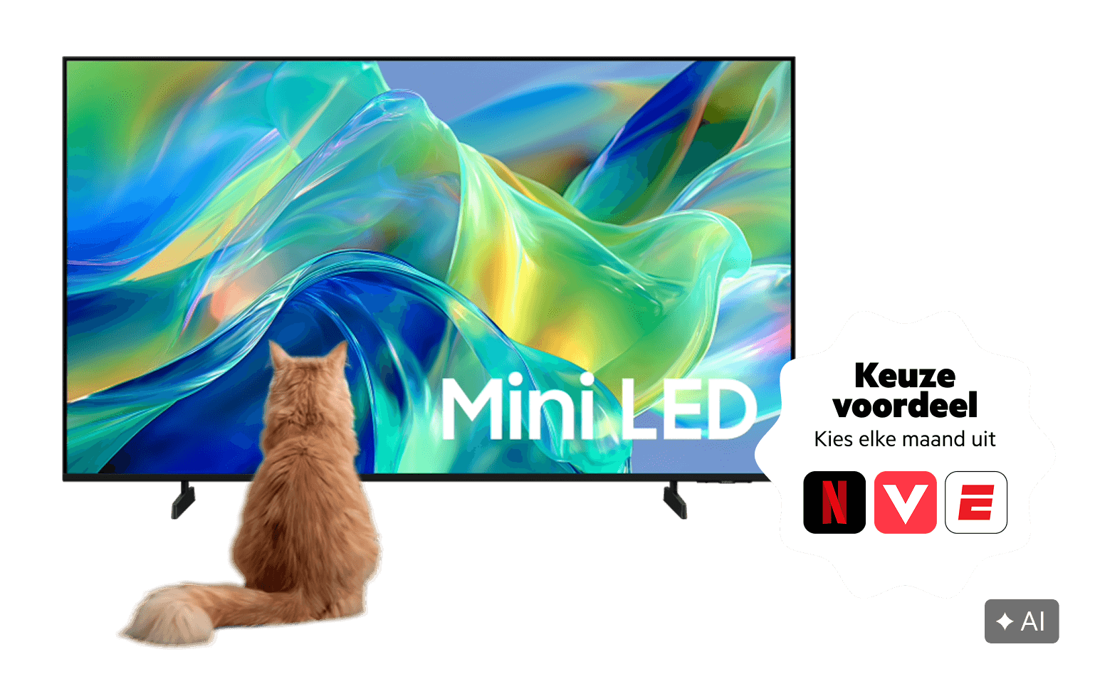 Samsung Mini LED 55-inch tv met Louis de kat die naar het scherm kijkt. Keuze voordeel sticker met tekst "Kies elke maand uit" en dan de logo's van Netflix, Videoland en ESPN Compleet.