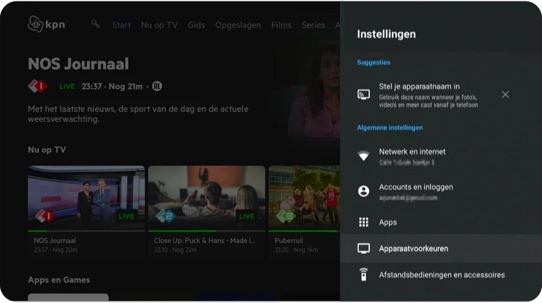 Open Apparaatvoorkeuren  - TV+ Box resetten