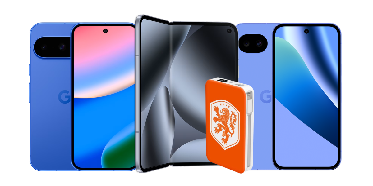 De Google Pixel 10 10a en 10 Pro Fold samen met een oranje WK powerbank