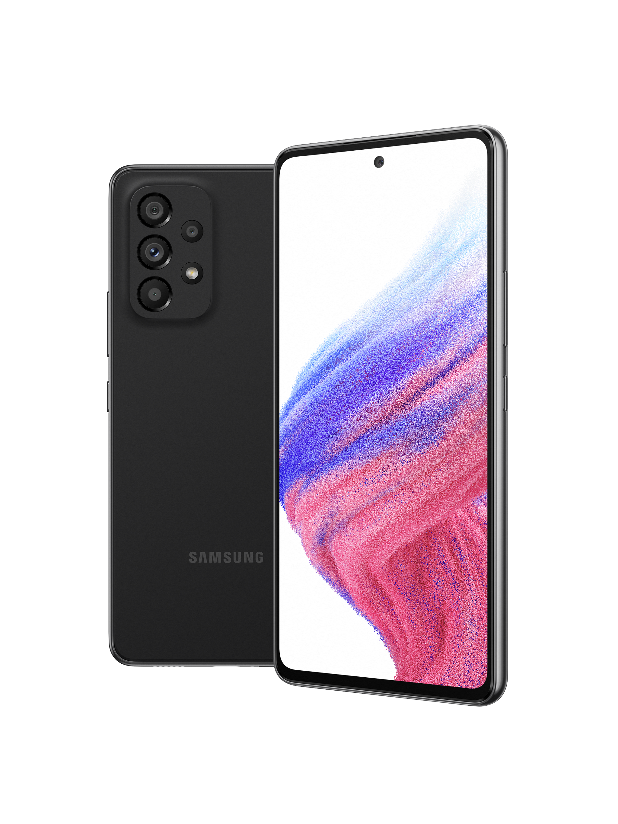 Voorkant en achterkant van een tweedehands Samsung Galaxy A53 in zwart