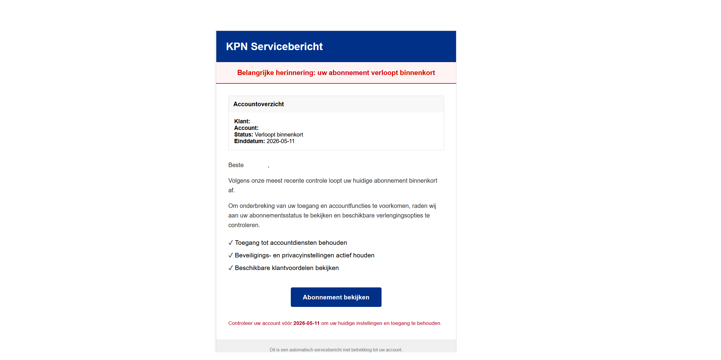 Afbeelding van phishing mail met onderwerp: Herinnering: uw KPN-abonnement verloopt binnenkort