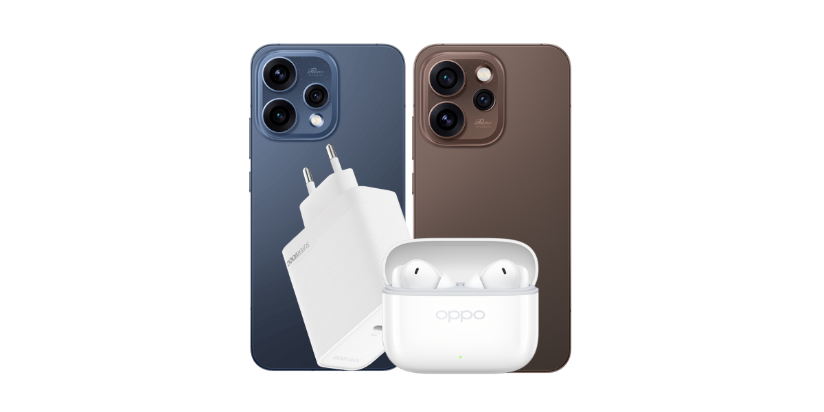 Enco Buds3 Pro oordopjes en SuperVOOC 80 W snellader naast de OPPO Reno15 en Reno15 Pro