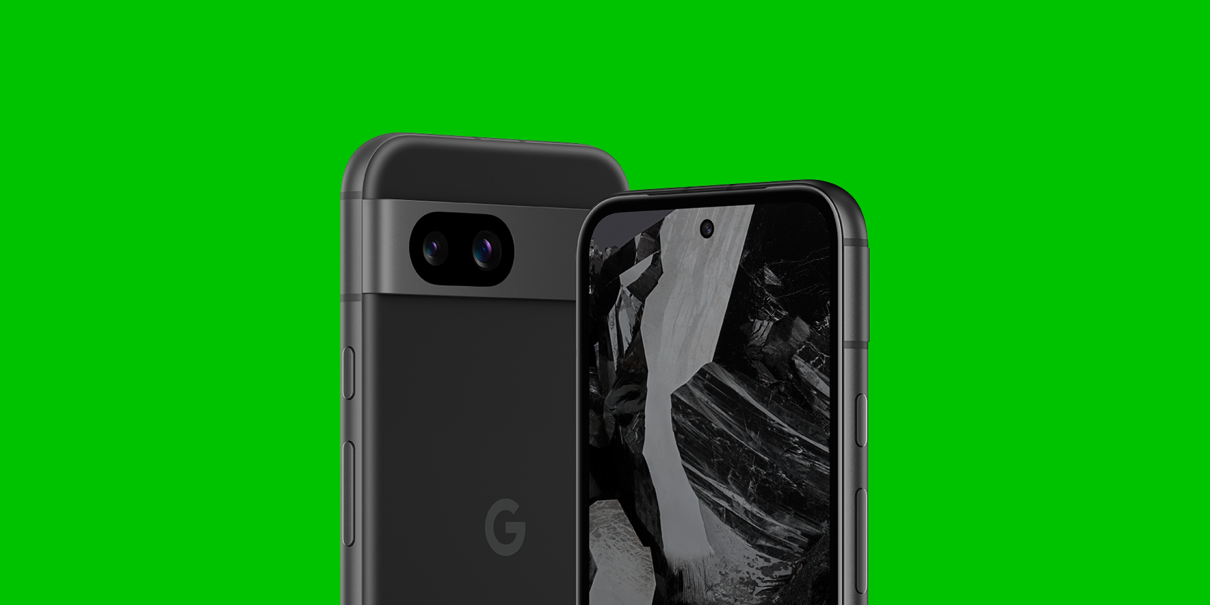 De voor- en achterkant van de Google Pixel 8a naast elkaar
