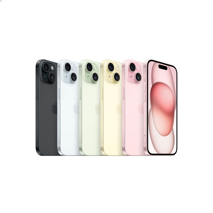 iPhone 15 kleuren (zwart, blauw, groen, geel en roze)