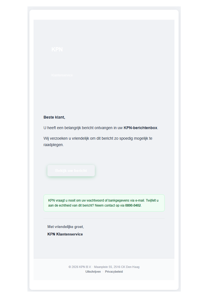 Afbeelding van phishing mail met onderwerp: Belangrijke informatie over uw KPN-diensten