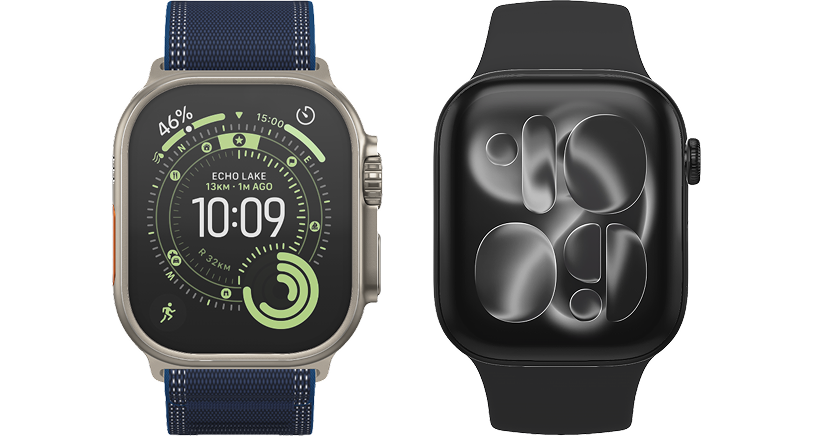 Twee Apple smartwatches naast elkaar. De een heeft een blauwe band en de ander een groene band. 