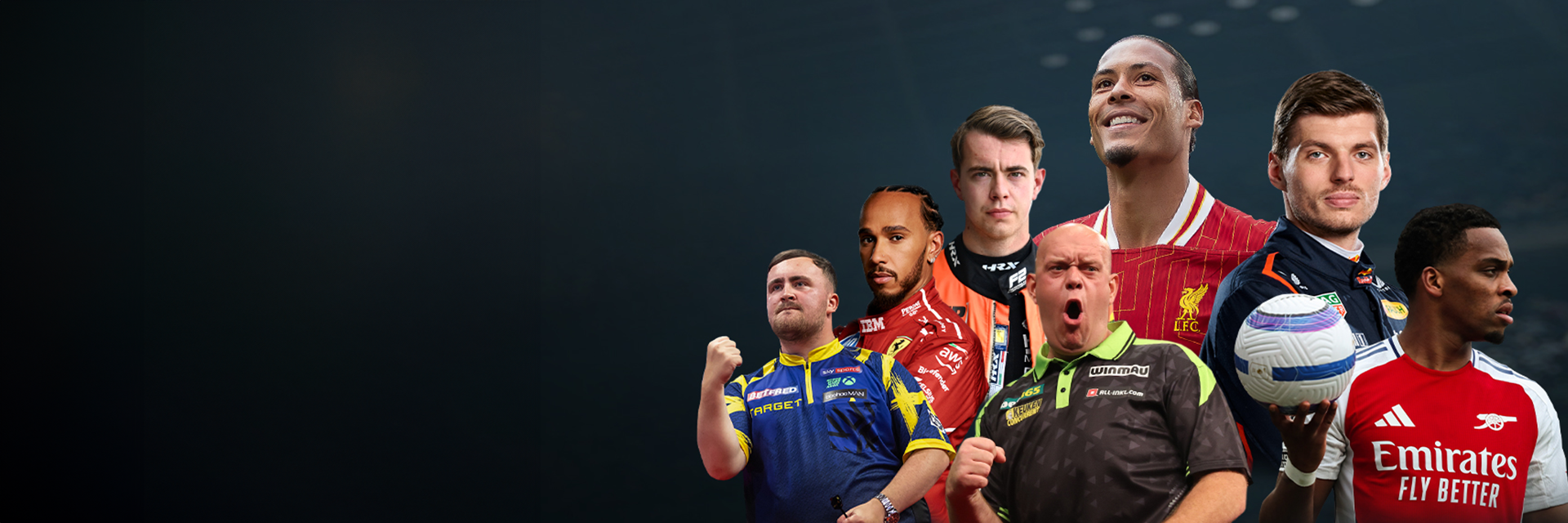 Viaplay afbeelding met topsporters van F1, voetbal en darten en het logo
