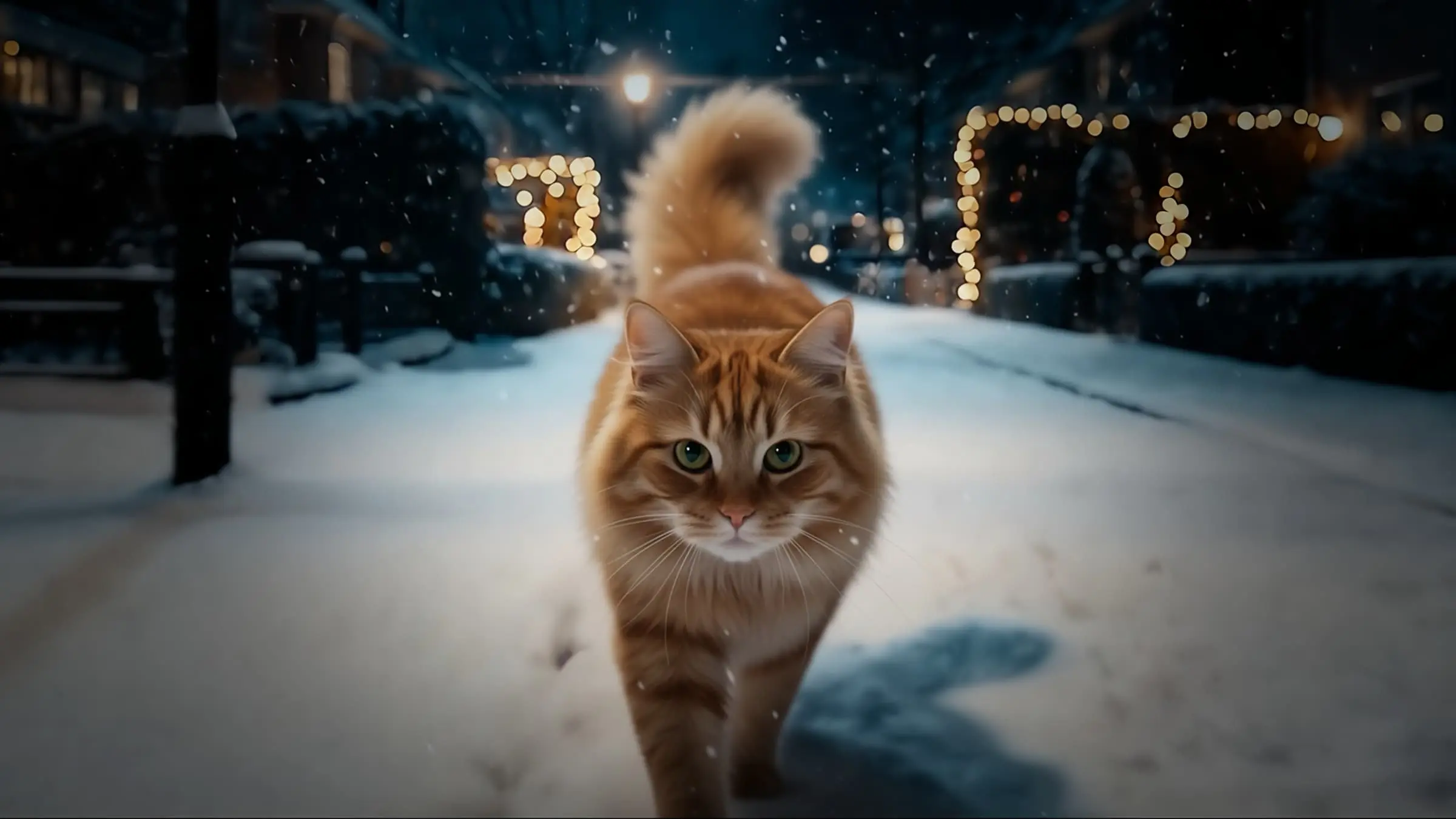 Louis de kat loopt in het donker door de sneeuw