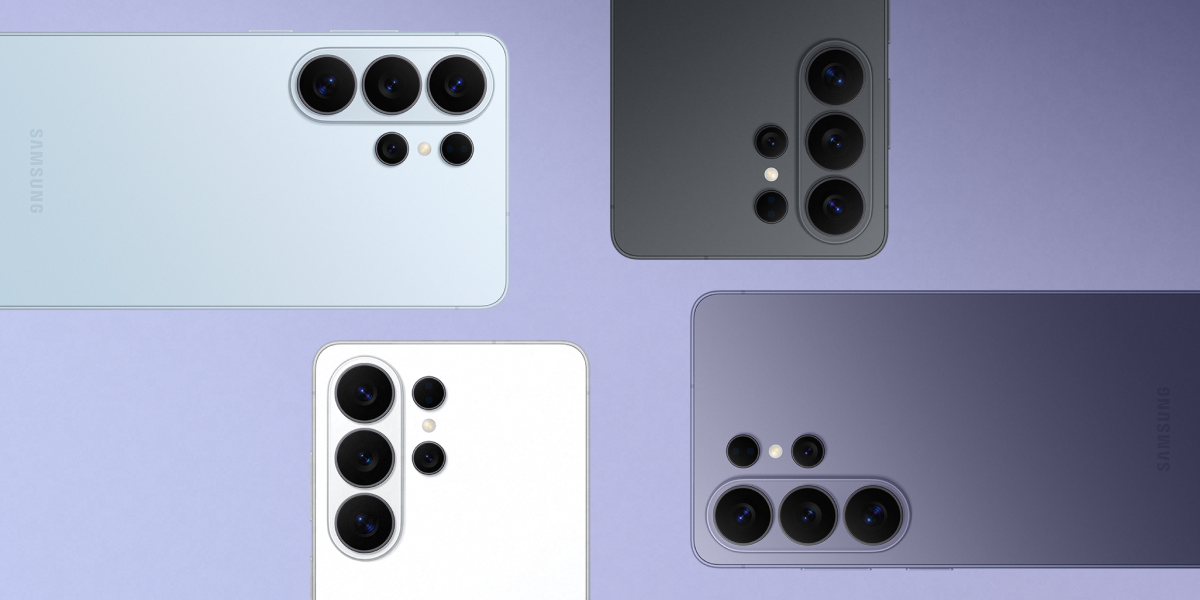 De vier kleuren van de Samsung Galaxy S26 Ultra: lichtblauw, zwart, wit en donkerpaars