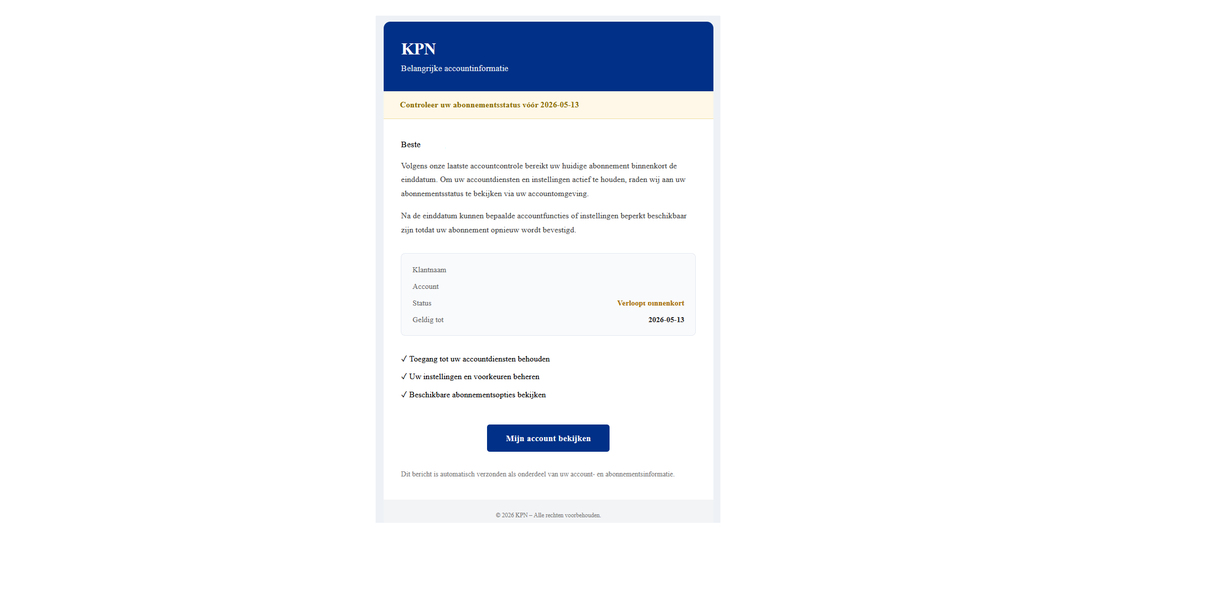 Afbeelding van phishingmail met onderwerp: Controleer uw abonnementsstatus vóór 2026-05-13