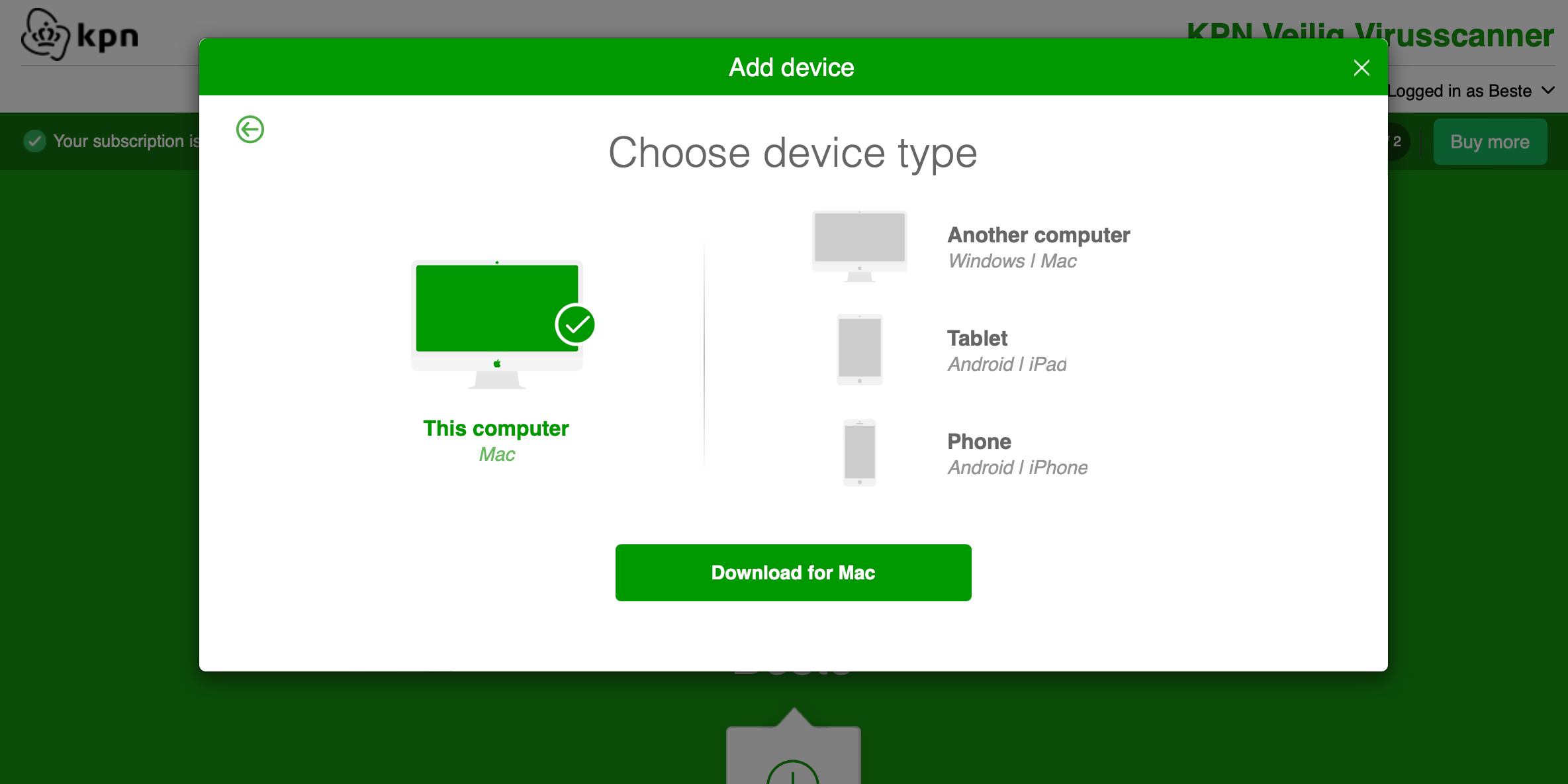 Scherm met 'Choose device type' en een knop 'Download for Mac'
