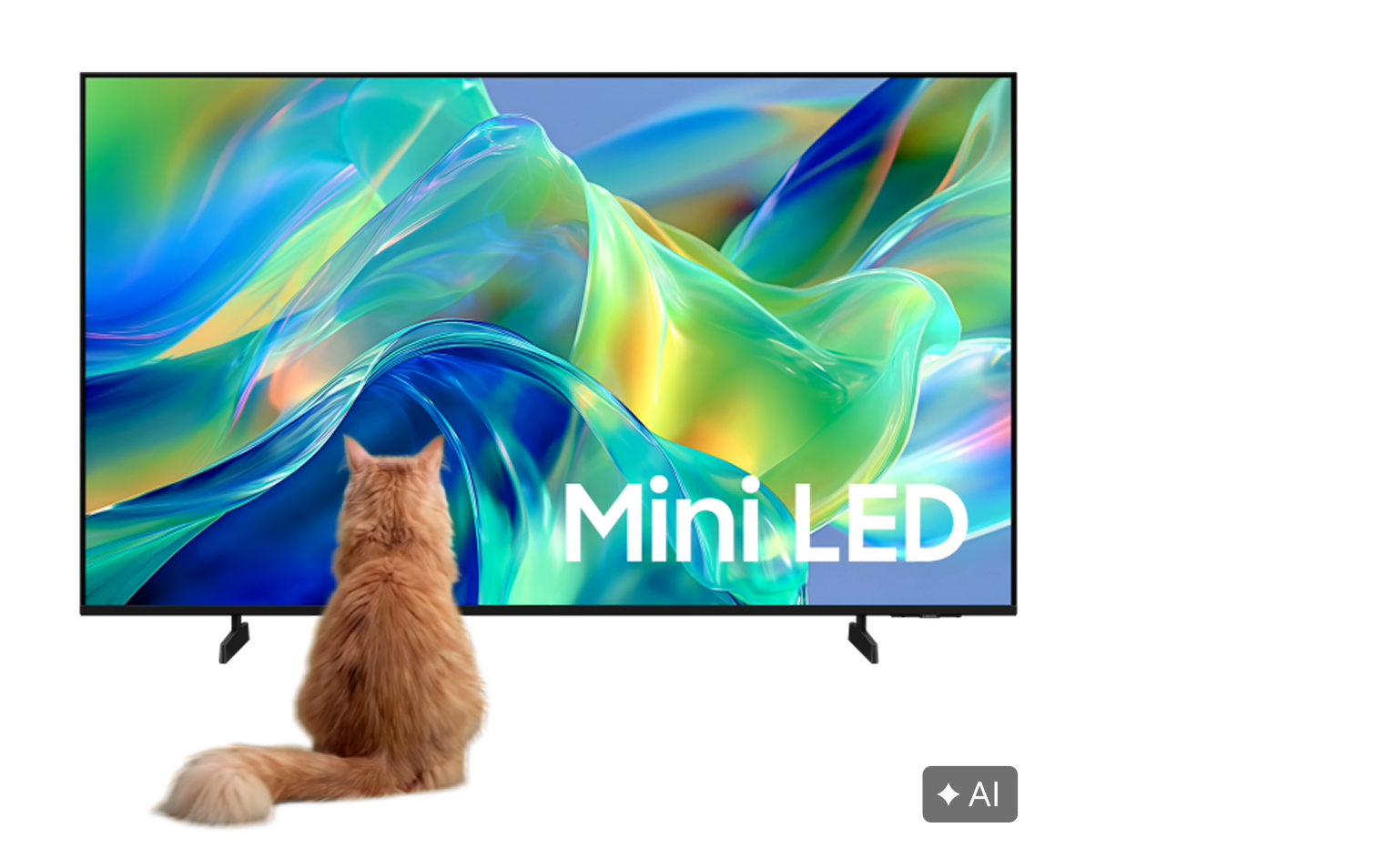 Samsung Mini LED 55-inch tv met Louis de kat die naar het scherm kijkt