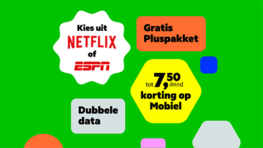 Illustratie van KPN Combivoordeel met pictogrammen die de voordelen 'Kiet uit Netflix of ESPN', 'Gratis Pluspakket', 'Dubbele data' en 'Tot 7,50 euro per maand korting op mobiel' weergeven