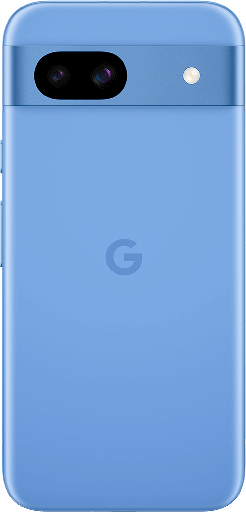 Achterkant van de lichtblauwe Google Pixel 8a