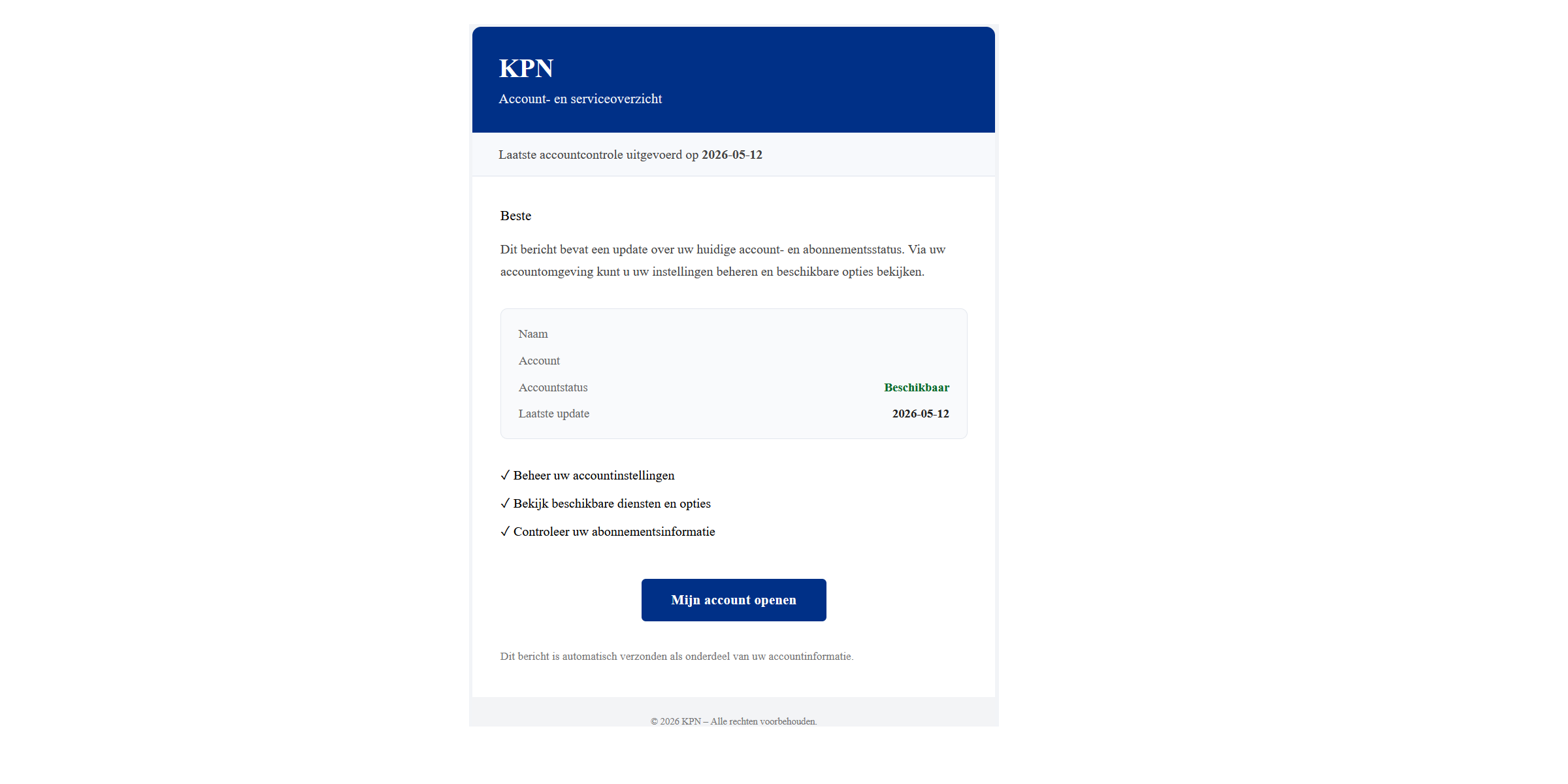 Afbeelding van phishing mail met onderwerp: Laatste accountcontrole uitgevoerd op 2026-05-12
