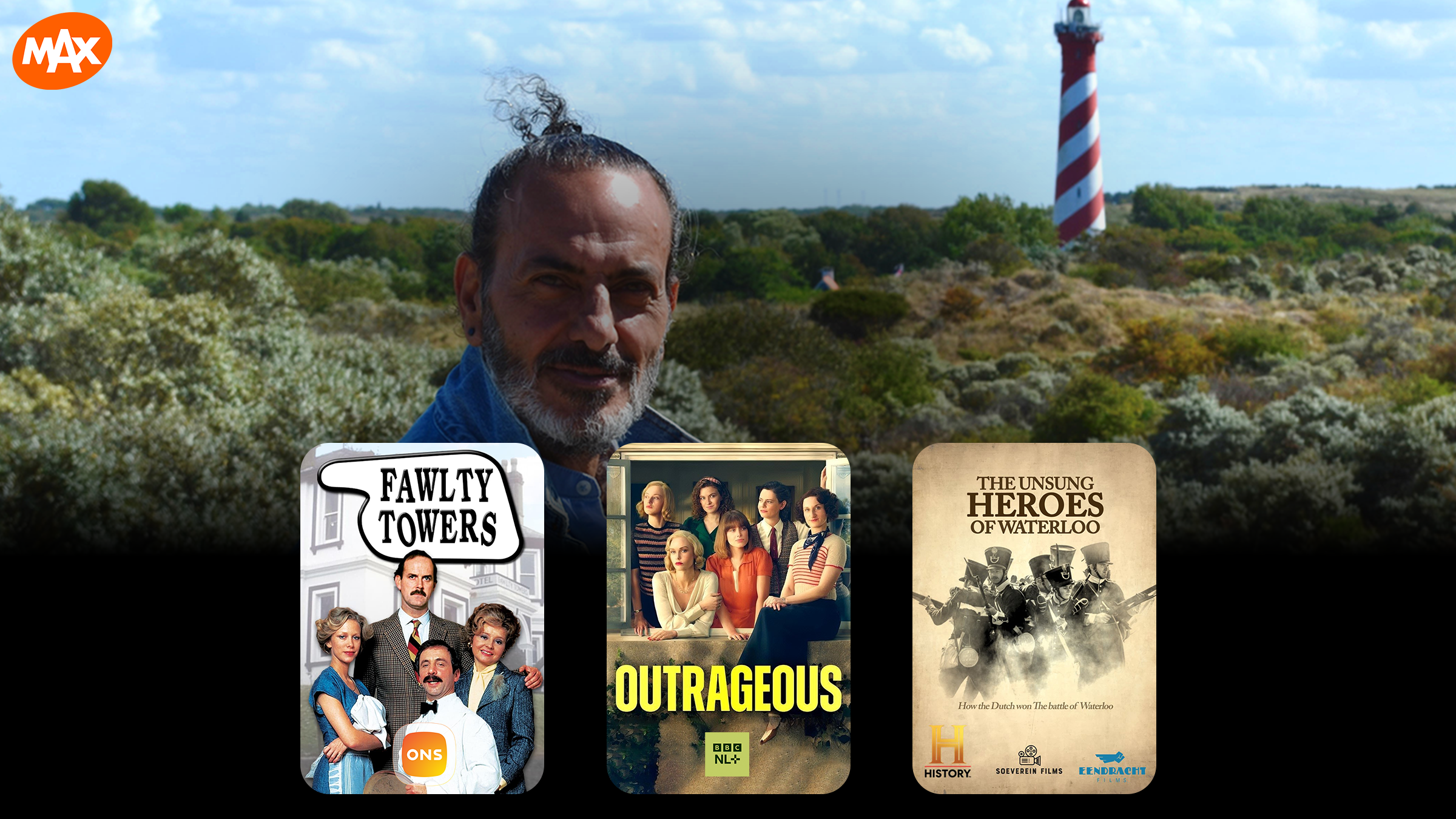 Tv scherm met BBC kijktips Fawtly Towers, Outrageous en The Unsung Heroes of Waterloo